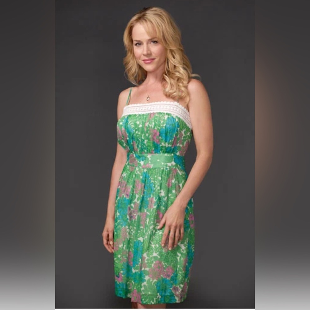 MILLY Green Pink Floral Garden Sun Dress Lace Trim *As Seen on Dexter TV* Sz 2 - Picture 2 of 14
